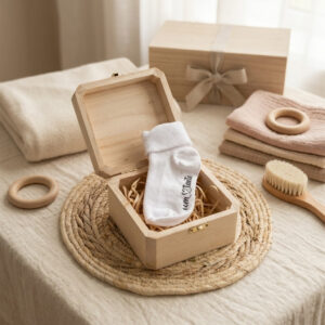 Aankondigingskistje met babysokjes - oom&tante