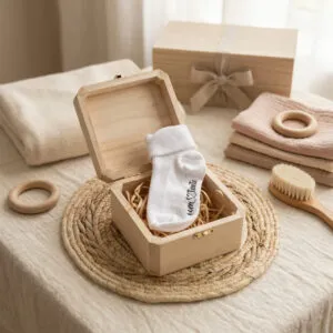 Aankondigingskistje met babysokjes - oom&tante