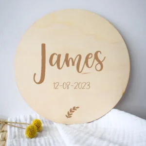Houten schijf geboorteaankondiging | naam