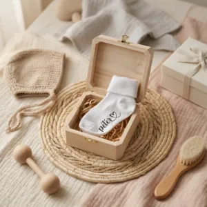 Aankondigingskistje met babysokjes - peter