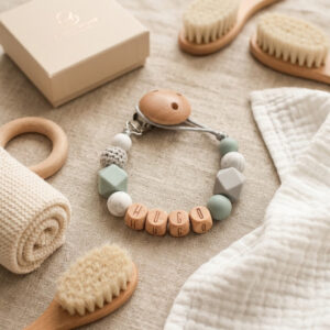 Speenkoord met naam | grijsblauw - lichtgrijs