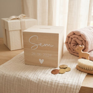 Houten spaarpot met naam